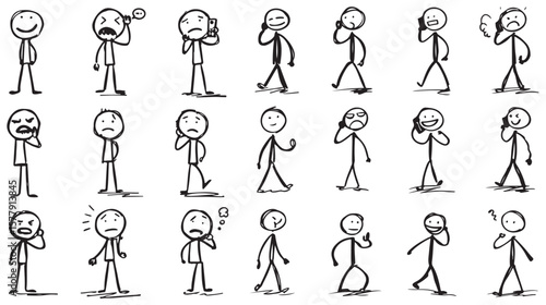 Collection of hand drawn stick figure silhouettes expressing various emotions and actions while talking on phone silhouette