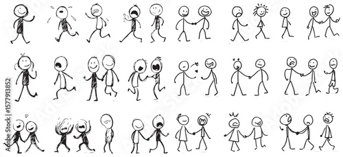 Collection of diverse stick figure characters in various poses and interactions showing friendship and celebration silhouette