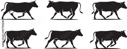 running cow silhouette vector, black and white cow in motion, minimalistic cow running illustration, farm cow sprint side view, cow galloping silhouette design, domestic cow in action vector, bold cow