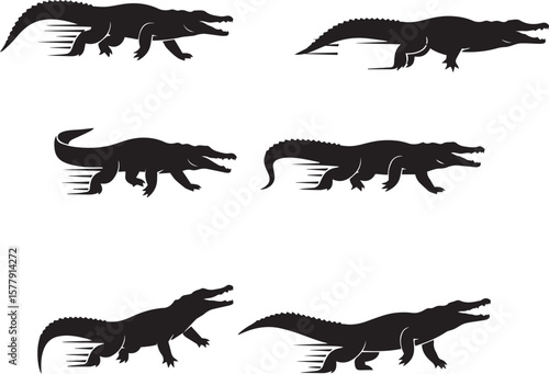 running crocodile silhouette vector, black and white crocodile in motion, minimalistic crocodile running illustration, crocodile sprint side view silhouette, wild crocodile in action vector, reptile 