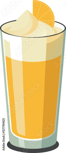Health Focused Cold Pressed Juices Refreshing Orange Creamsicle Cocktail in Tall Glass, Summer Drink, Whipped Cream Topping, Orange Slice Garnish,...