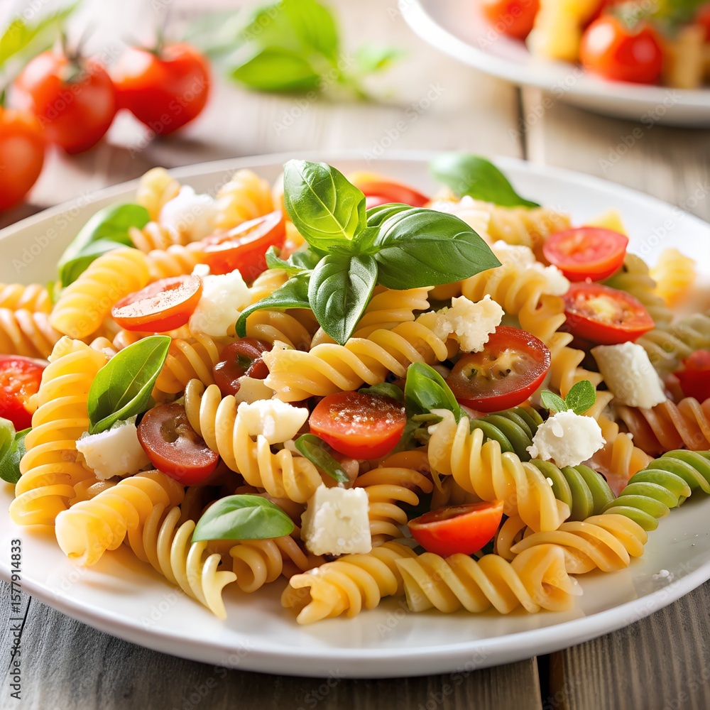 A vibrant pasta salad featuring tricolor spiral pasta, cherry tomatoes, fresh basil, and mozzarella cheese, showcasing a delightful italian cuisine A vibrant pasta salad featuring tricolor spiral pasta, cherry tomatoes, fresh basil, and mozzarella cheese, showcasing a delightful italian cuisine