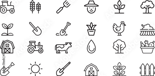Farm icons tractor barn wheat plants cow chicken vector