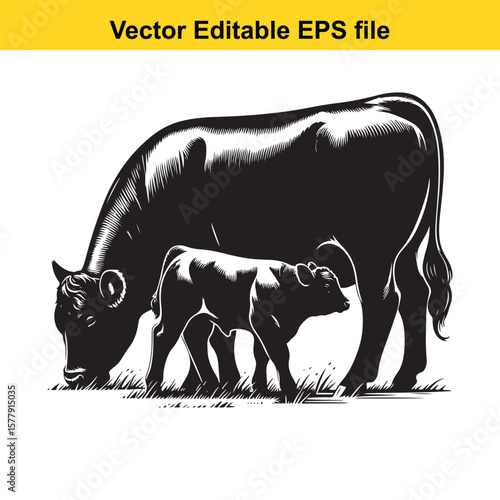 A silhouette cow and calf grazing in a grassy field, Black and white illustration