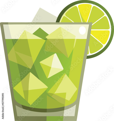 Health Focused Cold Pressed Juices Refreshing Lime Cocktail with Ice Cubes in a Glass, Perfect Summer Drink Illustration