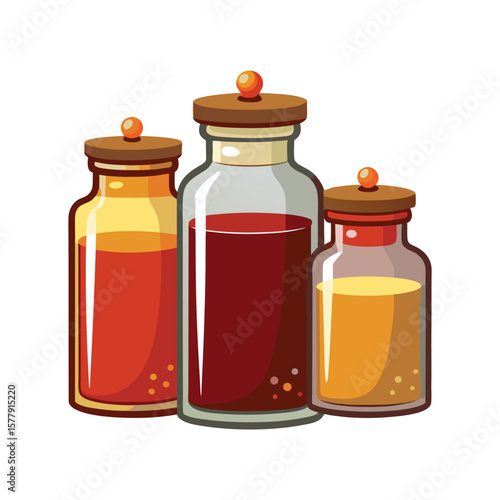 Red and yellow jam fills a transparent glass jar with a label, isolated on white