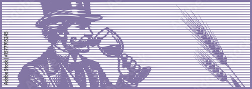  Heavy lined effect hand drawn banner design of a gentleman with mustache holding a wine glass purple color vector illustration vintage retro classy elegant male portrait art