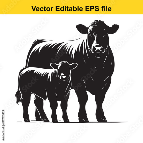 Cow and Calf – Standing Black and White Illustration in Minimalist Style