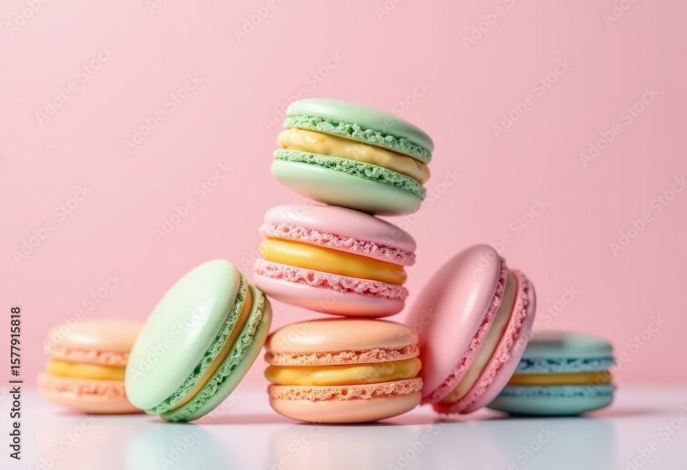 Obraz premium vibrant colorful macaron tower set soft pastel background sweet treats desserts confectionery art, cookie, cream, decoration, sugar, baking, festive, elegant