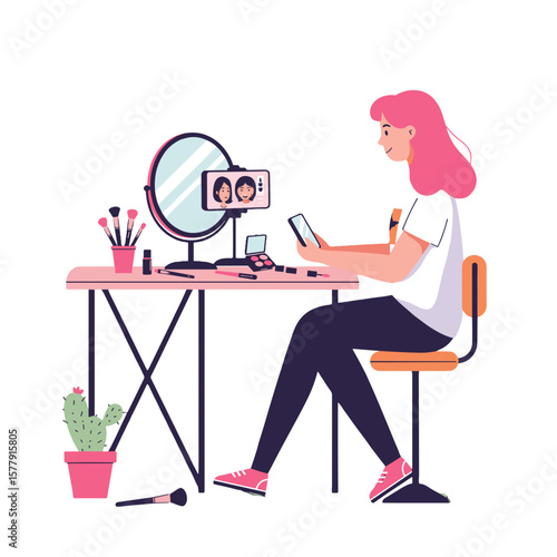 Woman with pink hair sitting at a desk with makeup and a mirror recording a video on her phone for social media