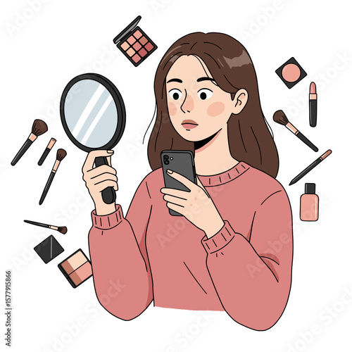 Woman with makeup products holding a mirror and phone in a beauty or tutorial themed illustration