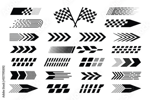 Racing car stripes set with checkered flag, finish line, dynamic lines, and motocross labels for motorsport and automotive competition designs