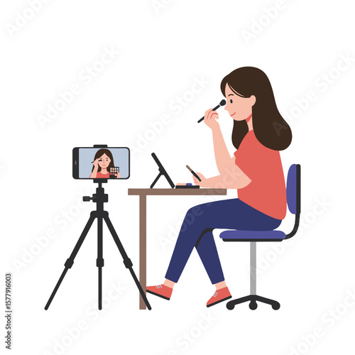 Woman applying makeup while recording a video for her beauty vlog using a smartphone on a tripod stand