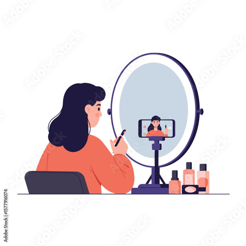 Woman applying makeup while recording video with ring light and phone for beauty blog content creation