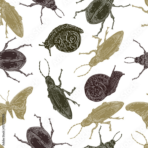 Fireflies, May beetles, and garden snails outline vector seamless pattern in muted natural tones. Bugs silhouette hand drawn on repeat background for packaging, beetles design textile, print.