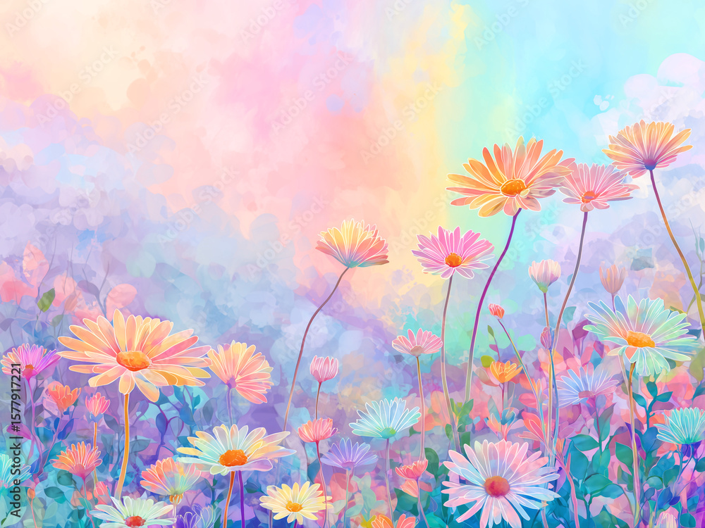 Obraz premium パステルカラーに咲き誇る花々 - 夢見るような幻想的な花畑