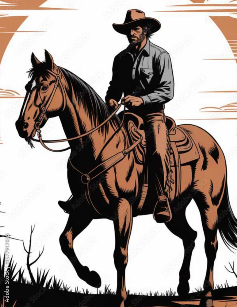 Fototapeta premium Vintage Western Cowboy on Horseback – Classic Rodeo Sketch with Lasso and Hat in Rustic Style 