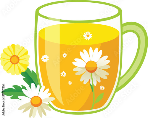 Garnished Cocktail Presentations Refreshing Chamomile Tea in a Glass Mug with Daisies and Green Leaves