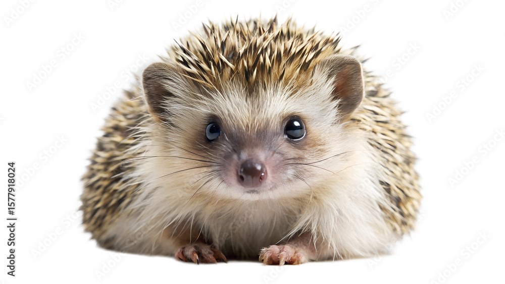 Obraz premium A small hedgehog with sharp spines and dark eyes sits facing forward on a plain transparent background, looking directly at the viewer