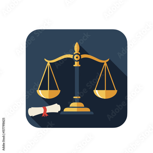 Law principle. Flat vector, scales of Themis in modern minimalist style, scroll of law nearby