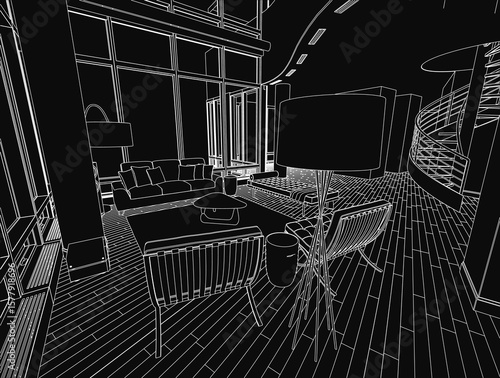A black and white drawing of a cozy living room features a sofa, chairs, a table, and a lamp arranged harmoniously. The staircase adds depth to the inviting interior space.