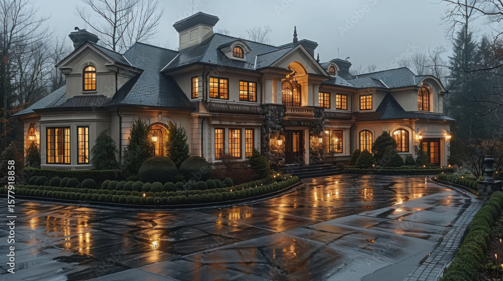 Obraz premium Empty driveway in front of the big white luxury dream house in the evening. Residential home building exterior, expensive dwelling, wealthy rich family property and yard.
