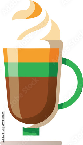 Garnished Cocktail Presentations Delicious Layered Coffee Drink with Whipped Cream, Green Handle Mug, and Colorful Layers.