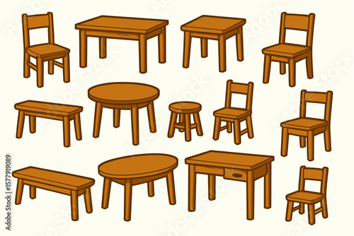 Collection of Wooden Tables, Chairs, and Stools