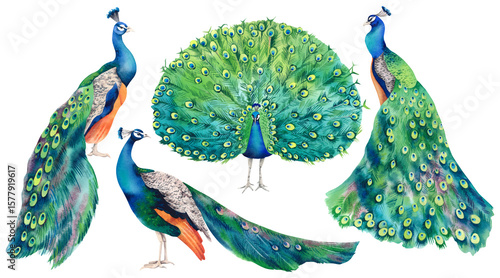 Peacock set. Watercolor realistic hand-drawn illustration. A painting with a beautiful, vibrant Indian peacock on a white background. Exotic birds of Paradise. Clipart for Japanese interior decor.