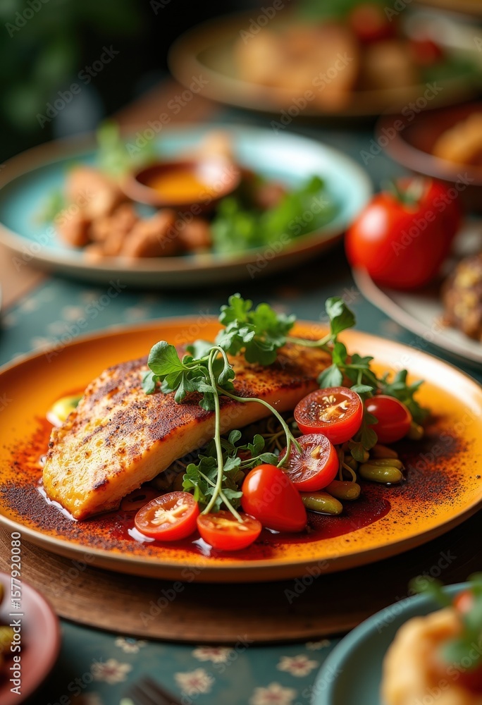 vibrant meals colorful tableware culinary art gastronomy feast flavorful presentation dinnerware dining experience, plating, cuisine, gourmet, plate, bowl