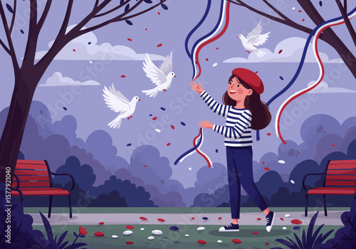 Celebrating Bastille Day A Parisian Scene of Freedom and Joy with Pigeons