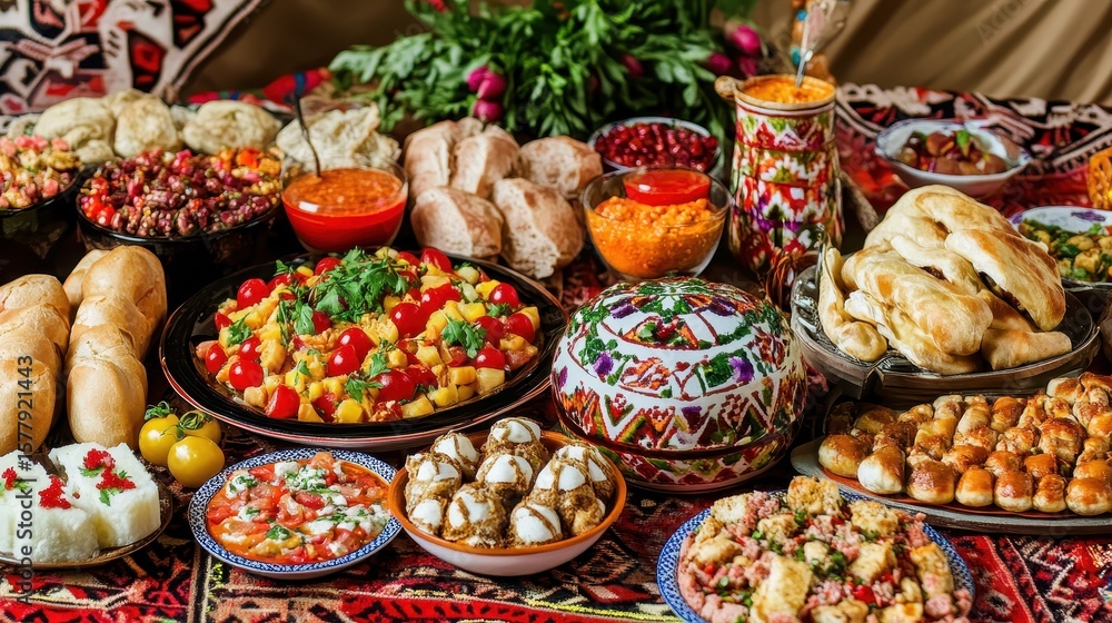 Fototapeta premium Colorful and Rich Array of Traditional Middle Eastern Cuisine Dishes