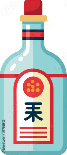 Herbal Tea Steam Aromatics Stylish Teal Glass Bottle with Asian-Inspired Label Design for Beverage or Medicine