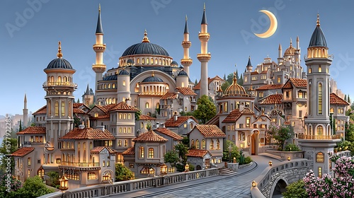 Glowing ancient mosque city skyline with moon and stars high resolution picture
