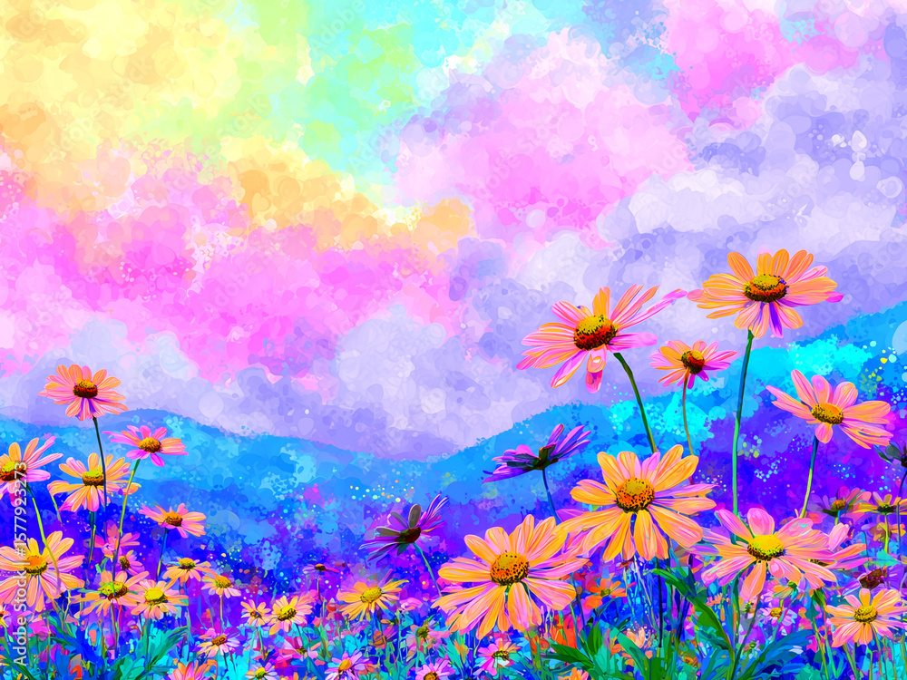 Obraz premium 虹色の空に咲き誇る花々 - 幻想的な水彩の花畑