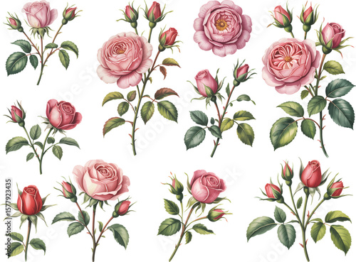 Vintage botanical illustration of blooming pink roses.
Hand-painted watercolor rose flowers isolated on white background.