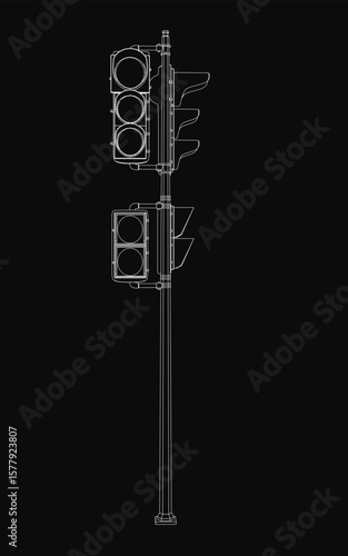 A black and white line drawing of a traffic light mounted on a pole, set against a solid black background. The design features clean, bold lines and high contrast for a striking visual effect.
