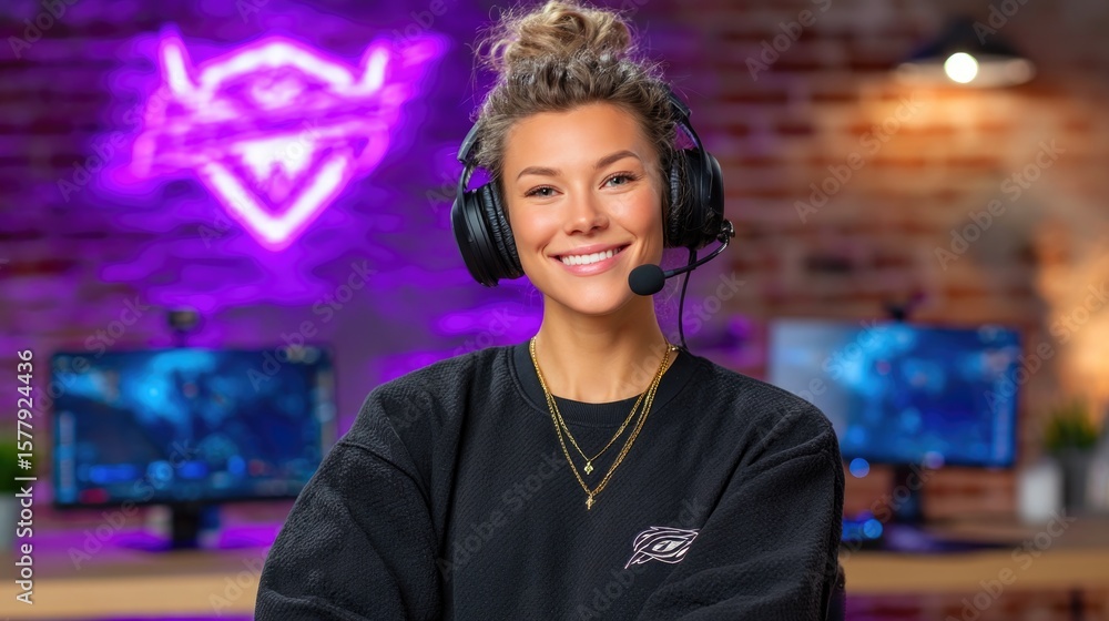 Fototapeta premium Female Gamer with Headset in Gaming Studio
