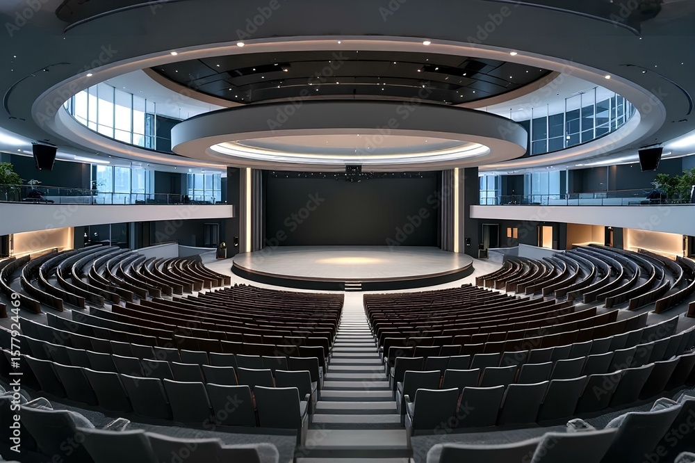 Fototapeta premium Modern Empty Auditorium Interior with Stage and Tiered Seating Architecture