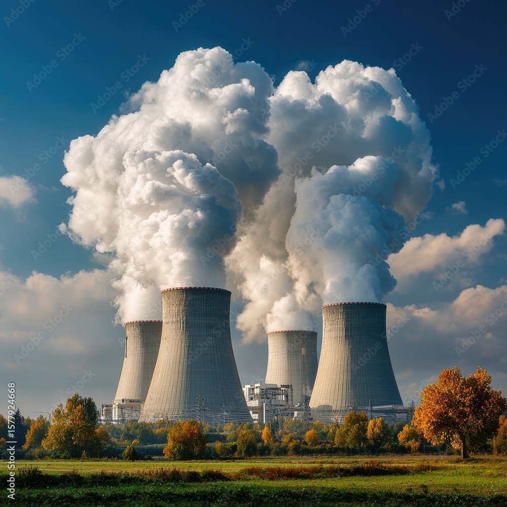 Nuclear power plant with smoke towers in countryside Nuclear power plant with smoke towers in countryside