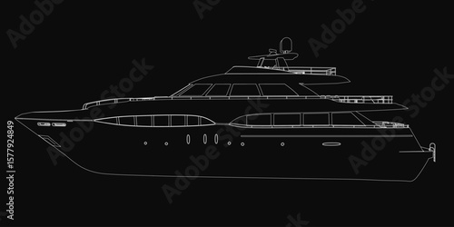 Luxury yacht depicted in a black and white drawing, outlined in white for a sleek modern aesthetic. The vessel floats elegantly on a dark background, emphasizing its sophisticated design.