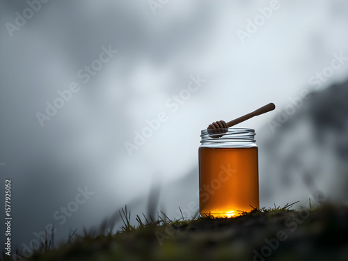 Honey jar with dipper settled in a misty hill with mysterious and moody feeling and diffused natural light, with blurred background