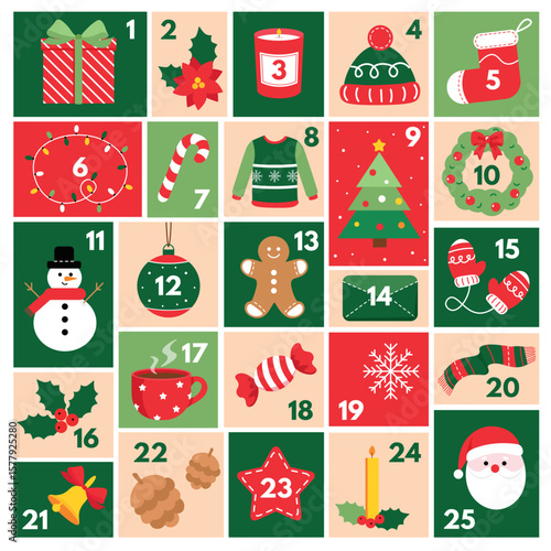 Christmas Advent Calendar – Cute Flat Vector with Holiday Icons,Colorful flat-style vector illustration of an Advent calendar with 25 numbered squares