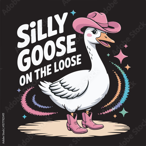Whimsical white goose wearing pink cowboy hat and boots with colorful sparkles animal bird