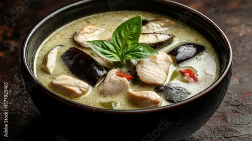 Delicious Green Curry with Chicken and Fresh Basil Leaves in Bowl