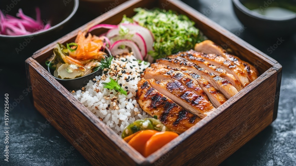 Fototapeta premium Delicious grilled chicken rice bowl with fresh vegetables and sauce