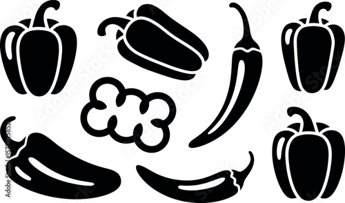 Bold Black Bell Peppers and Chili Peppers Vector Icons Set