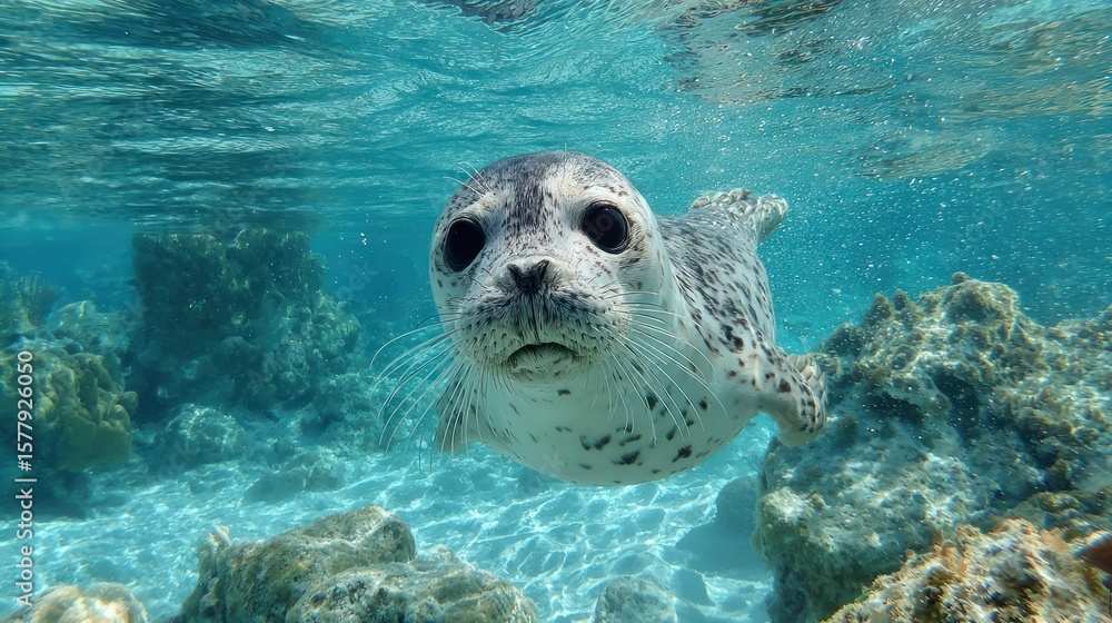 Fototapeta premium A curious seal pup swimming in clear, shallow water over a coral reef