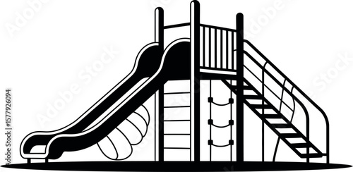 Black and white playground slide illustration: simple, playful design.