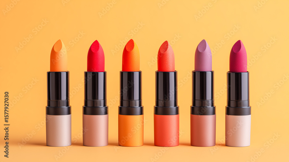Obraz premium Four colorful lipsticks standing upright on a yellow background, arranged in a row.